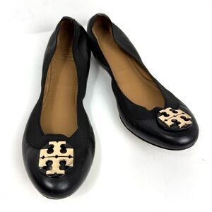 Tory Burch Claire Elastic Ballet Flats black big logo designer size 6